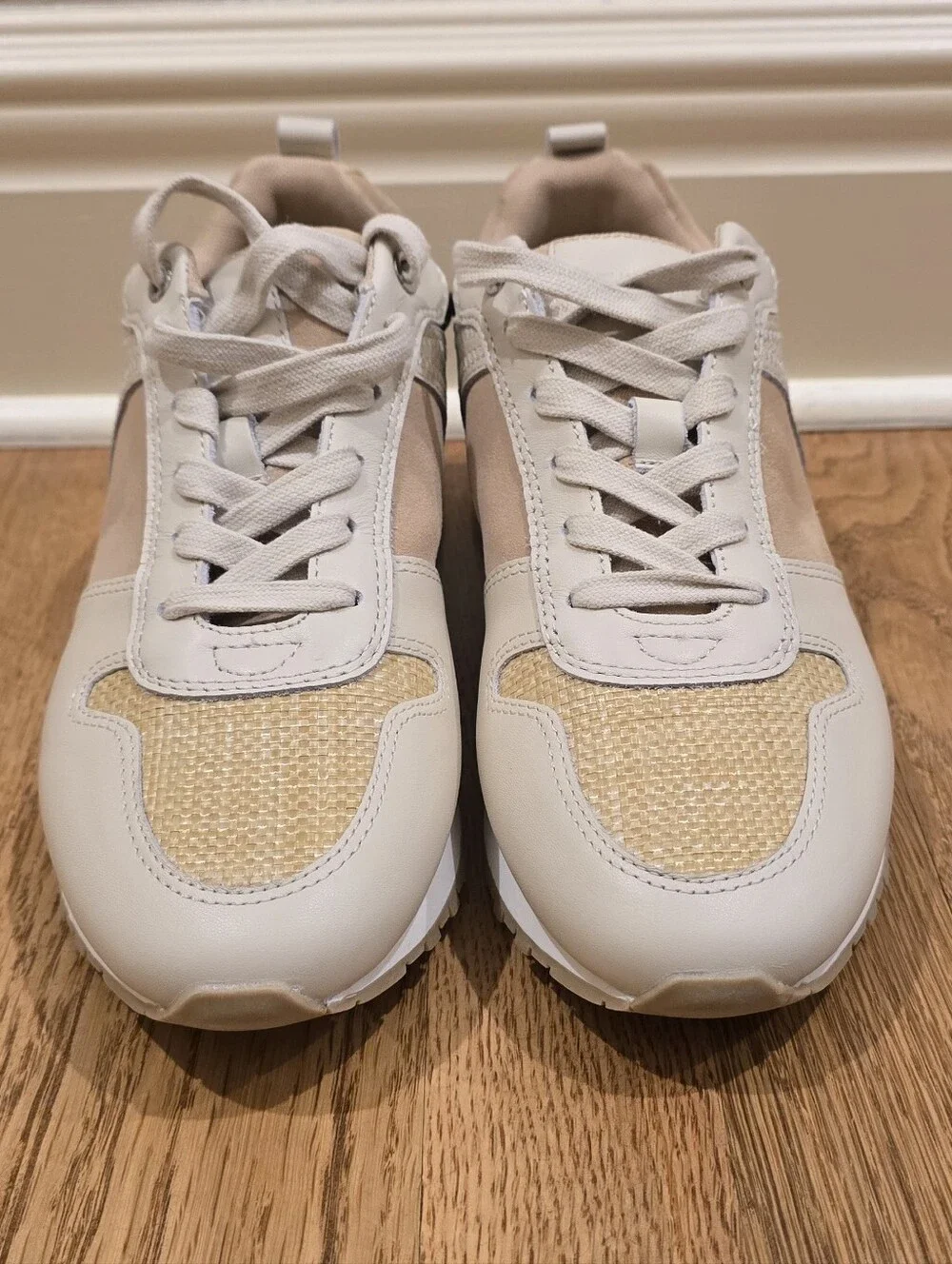 J.McLaughlin Emerson Suede Leather Grasscloth Sneaker Luxury Ivory New Sz 8